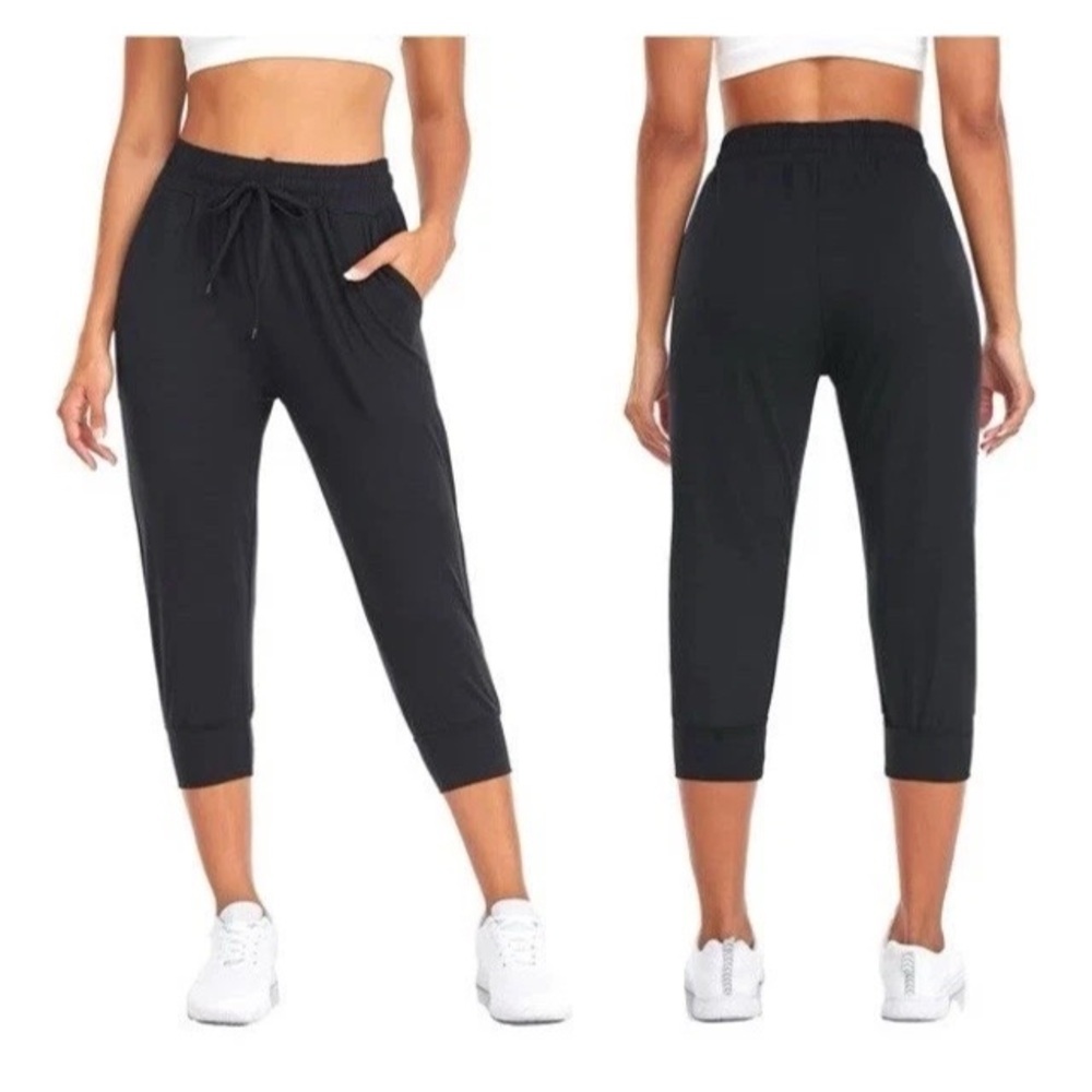 Women Lightweight Sweatpants Running Jogger Stretch Workout Capri Pants Black L